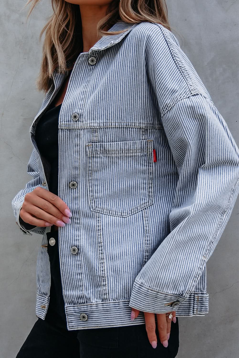 Sky Blue Stripe Washed Oversize Pocketed Denim Jacket - Love Salve